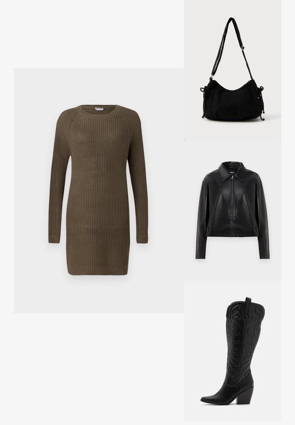 Veste en simili cuir noir avec fermeture éclair sur le devant, col pointu et poches latérales, présentée sur fond blanc.; Robe en tricot de couleur vert olive foncé, avec des manches longues, un col rond, un tissu texturé et des poignets et un ourlet côtelés.; Bottes hautes en cuir noir jusqu'aux genoux avec bout pointu et talon empilé. Caractéristiques de coutures décoratives et éléments de design courbés.; Sac à épaule en velours côtelé noir avec une forme courbée, bandoulière réglable et fermetures à cordon des deux côtés pour un ajustement de taille.