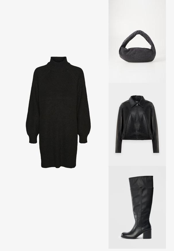 Schwarze Kunstlederjacke mit vollem Vorderreißverschluss, spitzem Kragen und seitlichen Taschen, vor einem weißen Hintergrund präsentiert.; Schwarzes Strickkleid mit hochgeripptem Kragen, Raglanärmeln und strukturiertem Stoff. Lockere Passform mit umgeschlagenen Ärmeln und geradem Saum.; Knöchelhohe schwarze Lederstiefel mit Blockabsatz, glatter Textur und Steppdetail an den Seiten. Schlichtes und modernes Design.; Dunkelgraue Stofftasche mit einem gebogenen Griff, weicher Textur und runder Form. Keine sichtbaren Beschläge oder Verzierungen.