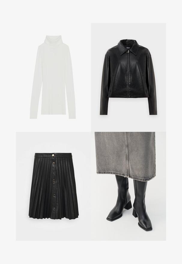 Veste en simili cuir noir avec fermeture éclair sur le devant, col pointu et poches latérales, présentée sur fond blanc.; Pull à col roulé blanc côtelé avec des manches longues, texture douce, et un col roulé haut, doté d'une coupe ajustée et sans fermetures visibles.; VILA VIAMINA BUTTON SKIRT - Minijupe - black; Bottes noires montantes en cuir lisse avec un bout carré et un talon bloc. Portées avec une jupe en denim grise à l'ourlet effiloché.