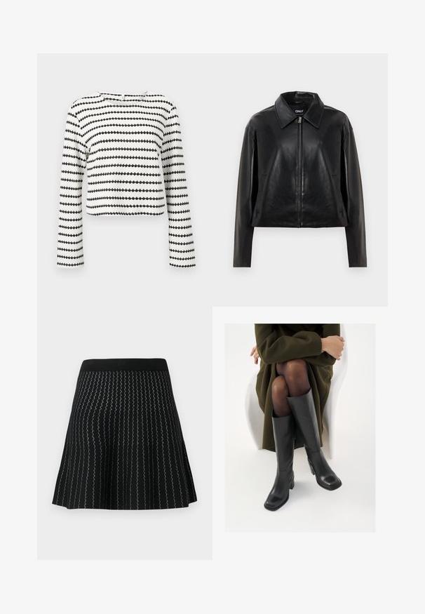 Veste en simili cuir noir avec fermeture éclair sur le devant, col pointu et poches latérales, présentée sur fond blanc.; Top court blanc à manches longues avec des rayures zigzag horizontales noires et tissu texturé, avec un col rond.; Jupe noire en mailles texturées avec des rayures argentées en zigzag, conçue avec une silhouette évasée et une taille noire solide.; Bottes en cuir noires arrivant au genou, avec un bout carré et un talon carré, présentées sur un modèle assis dans un manteau vert olive. Texture lisse, détails minimaux.