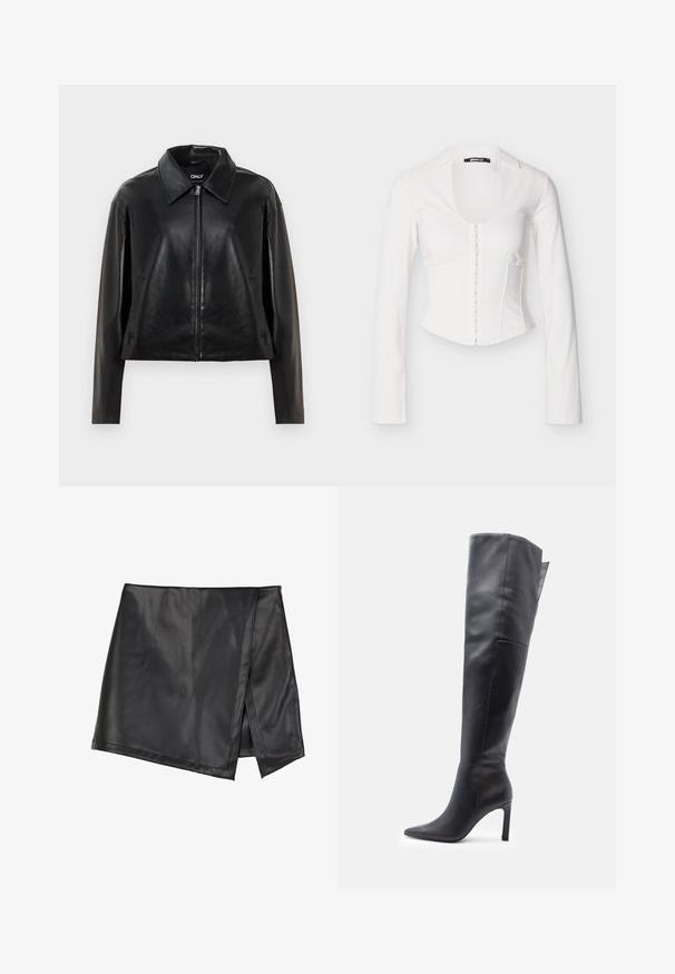 Veste en simili cuir noir avec fermeture éclair sur le devant, col pointu et poches latérales, présentée sur fond blanc.; Veste chemise blanche cintrée à manches longues, avec un décolleté profond en forme de goutte, des boutons sur le devant, et une coupe structurée du corsage. Texture du tissu lisse.; Even&Odd by Zalando Minijupe - black; Botte noire en cuir montant jusqu'à mi-cuisse, avec bout pointu et talon aiguille, vue de profil vers la gauche sur fond blanc.