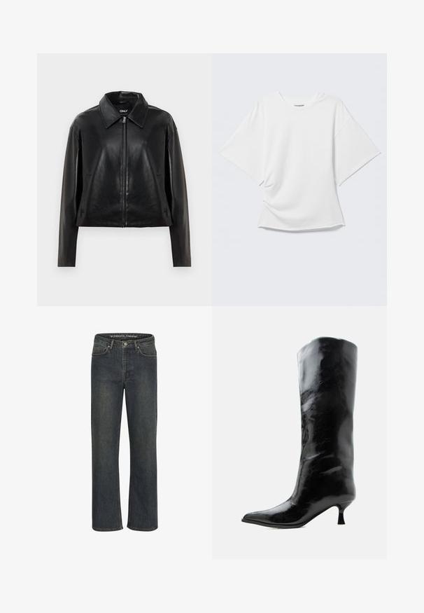 Chaqueta de cuero sintético negro con cremallera frontal completa, cuello puntiagudo y bolsillos laterales, mostrada sobre un fondo blanco.; Camiseta blanca oversized de manga corta con cuello redondo mostrada sobre un fondo gris claro.; Jeans de pierna recta en azul oscuro, hechos de tela de mezclilla, con una cintura de altura media, diseño de cinco bolsillos y costuras sutiles a lo largo de las costuras.; Bota negra de cuero brillante hasta la rodilla con punta puntiaguda y tacón bajo curvado sobre un fondo claro y liso.