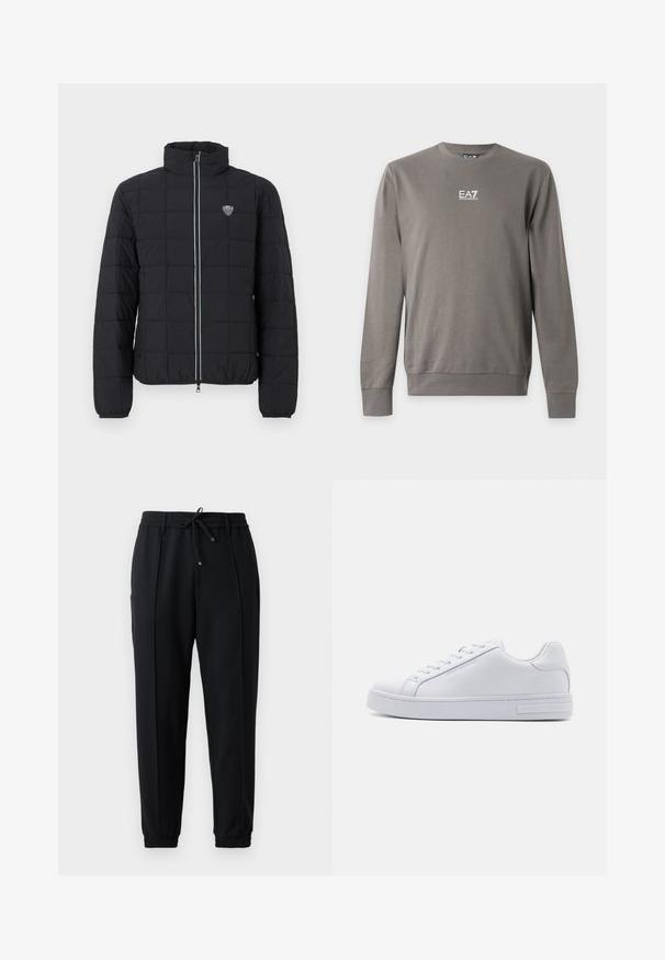 Sort quiltet pufferjakke med høj krave, lynlås foran og elastiske manchetter. Har et logo på venstre bryst og kontrasterende lynlåsdækning.; Langærmet grå crewneck-sweatshirt med EA7 Emporio Armani-logo i hvid på brystet, ribstrikkede manchetter og kant.; Sorte joggerbukser med en snøre i taljen, elastiske manchetter og en tætsiddende pasform. Lavet af blødt, strækbart stof med en glat tekstur.; Hvide lædersneakers med en glat overflade, rund tå, snørebånd foran og flad gummisål. Har prægede branding på hælen.