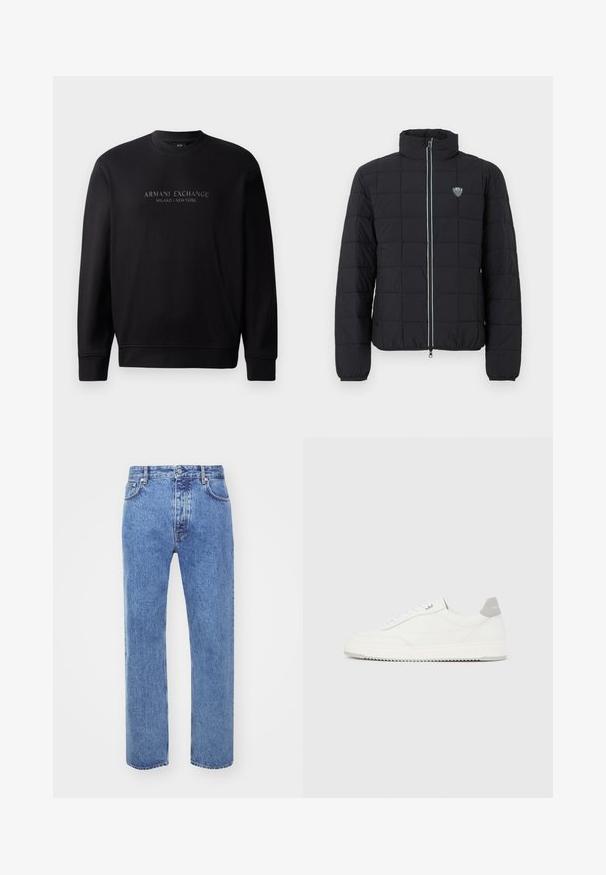 Sort quiltet pufferjakke med høj krave, lynlås foran og elastiske manchetter. Har et logo på venstre bryst og kontrasterende lynlåsdækning.; Sorte crewneck sweatshirt med "ARMANI EXCHANGE MILANO / NEW YORK" i prægede bogstaver på fronten. Stoffet er glat med ribbede manchetter.; Won Hundred STEVE - Jeans Relaxed Fit - cut blue; Hvid lavtop-sneaker med gråt hælflig, hvide snørebånd og tekstureret sål, vist på en ensfarvet lys baggrund.