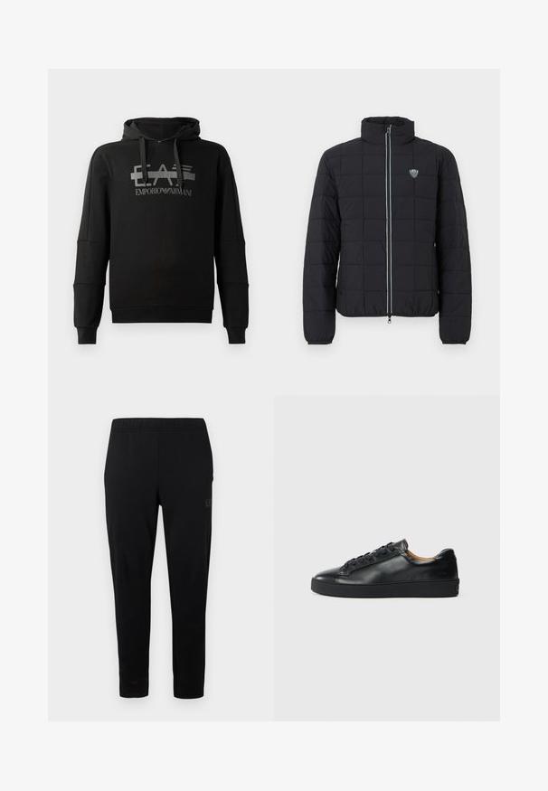 Mustast tikitud paksust materjalist jope kõrge krae, ees lukk ja elastsed varrukapitsid. Vasakul rinnal on logo ja lukul kontrastne detail.; Mustmust, millel on silmatorkav hall graafiklogo "EA7 Emporio Armani". Valmistatud pehmest kangast, pikkade varrukatega ja mugava lõikega.; Mustad vabaajapüksid elastse vöökoha, kitsendatud lõike ja nähtava riistvara puudumisega. Omavad küljele trükitud peent logot.; Musthave nahkast kingad sujuva tekstuuriga, ümara toe jastringsidega sulgemisega. Omab paksu kummist tallat ja minimaalset brändi detaili.