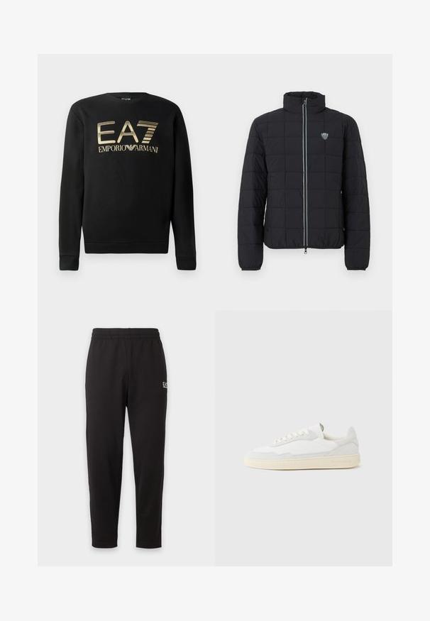 Zwarte gewatteerde donsjas met hoge kraag, ritssluiting aan de voorkant en elastische manchetten. Voorzien van een logo op de linkerborst en contrasterende ritsdetails.; Zwart sweatshirt met ronde hals, voorzien van het gouden EA7 Emporio Armani-logo op de borst. Zachte stof met geribbelde mouwen en onderrand.; Zwarte joggingbroek met elastische taille, taps toelopende pijpen en een klein wit logo op het bovenste linker bovenbeen.; Witte sneaker met een bovenwerk van gestructureerd suède en leer. Voorzien van een afgeronde neus, vetersluiting en een contrasterende beige rubberen zool.