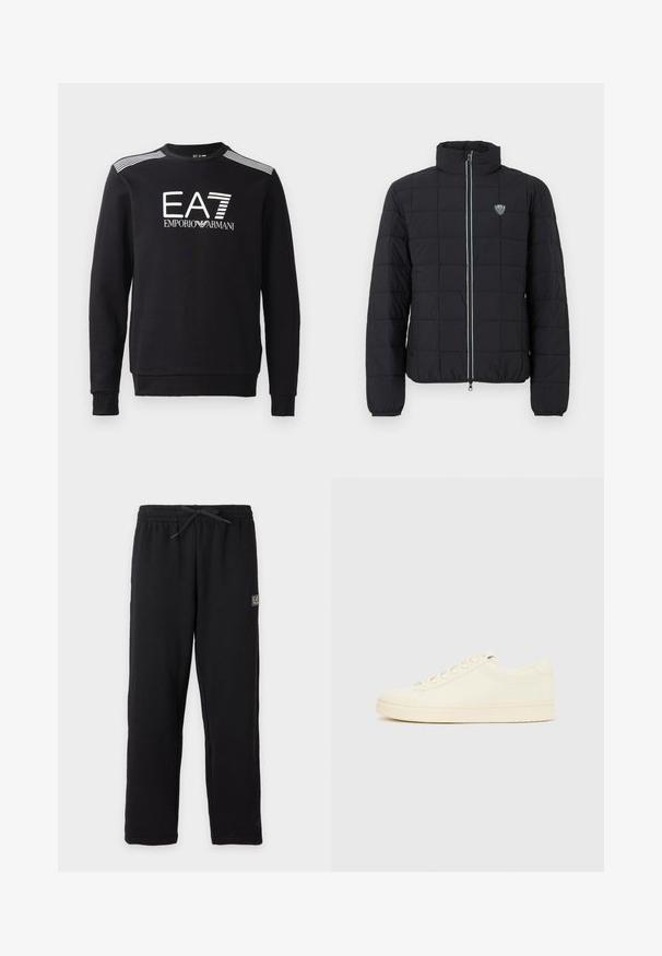 Veste matelassée noire avec col montant, fermeture à glissière frontale et poignets élastiques. Comprend un logo sur la poitrine gauche et un détail de fermeture éclair contrastant.; Sweatshirt noir en coton, avec un col rond, des manches longues, un logo EA7 blanc et des rayures sur les épaules.; Pantalon de survêtement noir avec taille élastique et cordon, avec un petit patch logo EA7 rectangulaire sur la partie supérieure de la cuisse gauche.; Baskets couleur crème avec une tige en cuir lisse, bout arrondi, laçage à l'avant et semelle en caoutchouc texturée. Design minimaliste, sans logo.