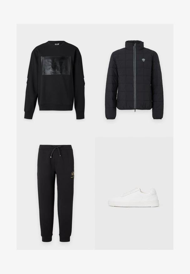 Veste matelassée noire avec col montant, fermeture à glissière frontale et poignets élastiques. Comprend un logo sur la poitrine gauche et un détail de fermeture éclair contrastant.; Sweat-shirt noir à manches longues avec un patch rectangulaire brillant embossé « EA7 Emporio Armani » au centre devant.; Pantalon de jogging noir avec taille élastique et cordon, chevilles retournées et petit logo doré "A|X Armani Exchange" sur la cuisse droite.; Sneaker blanc avec une tige en cuir lisse, bout rond, lacets, accents latéraux texturés et une épaisse semelle en caoutchouc. Design minimaliste.