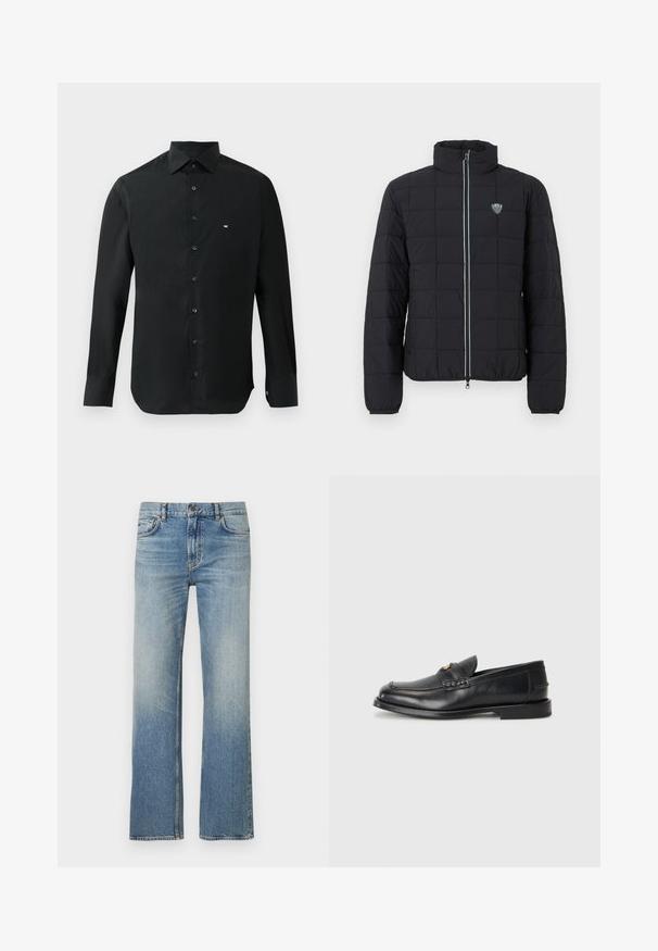 Zwarte gewatteerde donsjas met hoge kraag, ritssluiting aan de voorkant en elastische manchetten. Voorzien van een logo op de linkerborst en contrasterende ritsdetails.; Zwarte longsleeve shirt van gladde stof, met een puntige kraag, knoopsluiting en een klein wit logo op de linkerkant van de borst.; Lichtblauwe spijkerbroek met een rechte pijp, voorzien van een vervaagde finish, klassiek ontwerp met vijf zakken en contrasterende stiksels.; Zwarte leren instappers met een ronde neus, gestikte details en een kleine gouden accent aan de voorkant. De zool is plat en discreet.