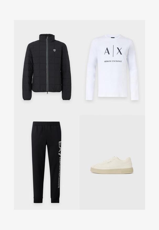 Schwarze, gesteppte Steppjacke mit hohem Kragen, Frontreißverschluss und elastischen Bündchen. Mit einem Logo auf der linken Brust und kontrastfarbenem Reißverschlussdetail.; Weißes Langarm-T-Shirt mit schwarzem "A|X Armani Exchange"-Logo auf der Vorderseite, präsentiert vor einem schlichten hellen Hintergrund.; Schwarze Sweatpants aus Baumwollmischung mit elastischem Taillenbund, schmal zulaufenden Beinen, gerippten Bündchen und weißem Logo-Druck entlang der Seite.; Weiße Leinen-Sneaker mit einer strukturierten Gummisohle, die eine gestickte Zehenkappe und ein Logo-Detail an der Ferse aufweisen. Einfaches Schnürdesign.