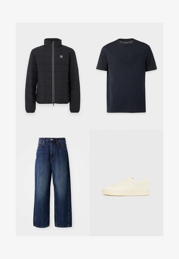 Zwarte gewatteerde donsjas met hoge kraag, ritssluiting aan de voorkant en elastische manchetten. Voorzien van een logo op de linkerborst en contrasterende ritsdetails.; Zwart T-shirt met korte mouwen en ronde hals, met een subtiel reliëf adelaarlogo op de borst en een merklapje binnenin de kraag.; Donkerblauwe wijde-denim jeans. Kenmerken zijn een klassieke tailleband met riemlussen, zwarte zakken aan de voorkant en een rechte silhouet.; Slofkleurige sneaker met een glad leren bovenwerk, ronde neus, vetersluiting en een geribbelde rubberen zool. Minimalistisch ontwerp, zonder logo's.