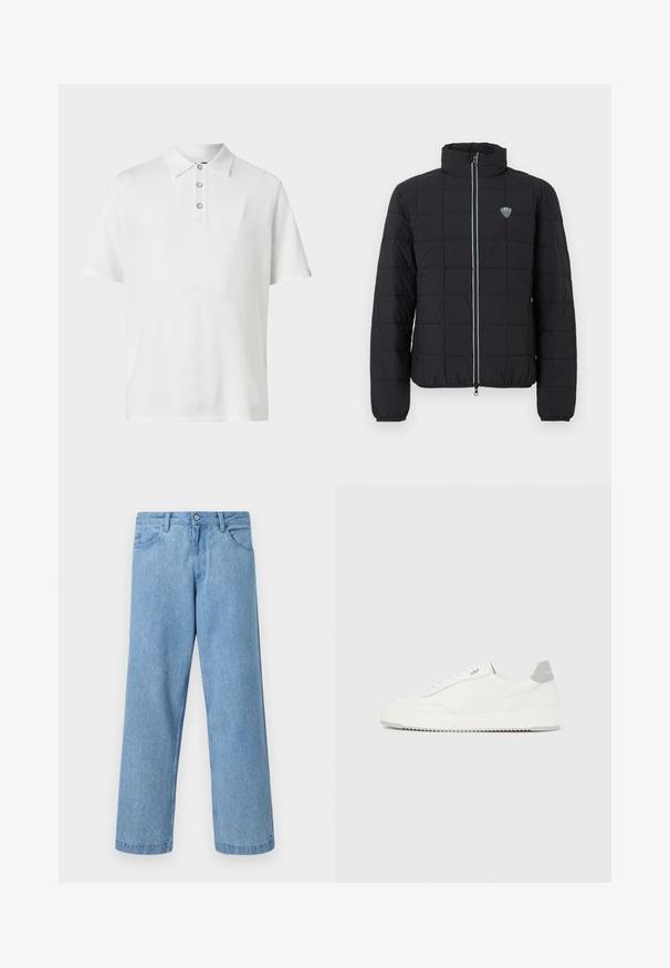 Veste matelassée noire avec col montant, fermeture à glissière frontale et poignets élastiques. Comprend un logo sur la poitrine gauche et un détail de fermeture éclair contrastant.; rag & bone HARVEY - Polo - ivory; Jean en denim bleu clair à jambes droites avec poches devant, passants de ceinture et fermeture par bouton, sur fond uni.; Baskets basses blanches avec un onglet de talon gris, des lacets blancs et une semelle texturée, présentées sur un fond uni clair.