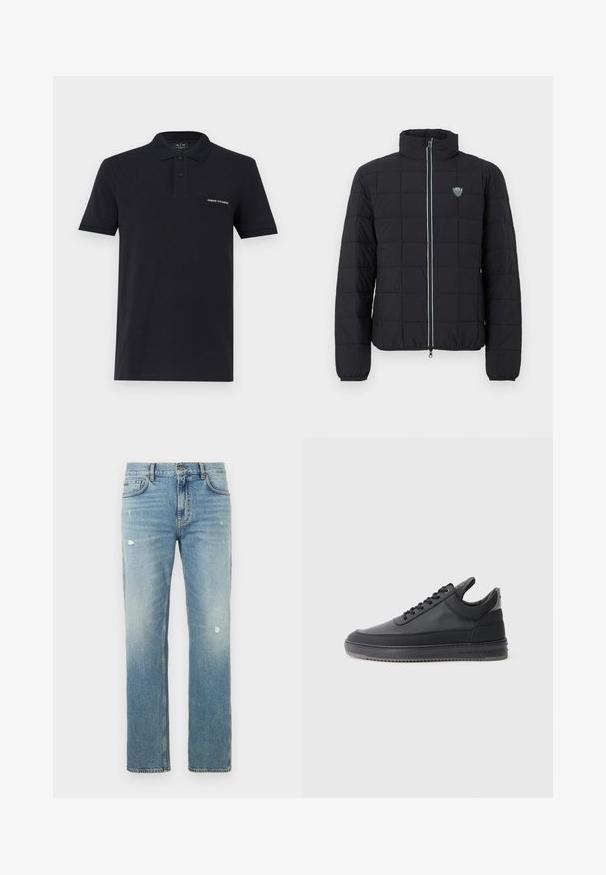Veste matelassée noire avec col montant, fermeture à glissière frontale et poignets élastiques. Comprend un logo sur la poitrine gauche et un détail de fermeture éclair contrastant.; Polo manches courtes noir avec deux boutons sur la patte de boutonnage et un écusson logo "Armani Exchange" sur la poitrine gauche.; Jean en denim bleu clair avec une coupe droite, présentant des zones délavées et de petites déchirures. Design classique à cinq poches et passants pour ceinture.; Baskets en cuir noir avec une surface texturée, design à lacets, tige basse, et une semelle en caoutchouc grise avec un bord strié.