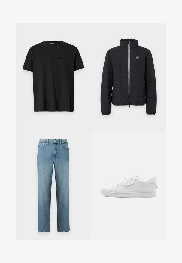 Veste matelassée noire avec col montant, fermeture à glissière frontale et poignets élastiques. Comprend un logo sur la poitrine gauche et un détail de fermeture éclair contrastant.; T-shirt en coton noir à manches courtes, arborant un logo "MICHAEL KORS" subtilement gaufré sur la poitrine et un col rond classique.; Jean en denim bleu clair à coupe droite, avec cinq poches et une fermeture par bouton à la taille. Détails de couture le long des coutures.; Baskets en cuir blanc avec un bout arrondi, six œillets, lacets plats et un design minimaliste. Présente un petit logo sur le côté.