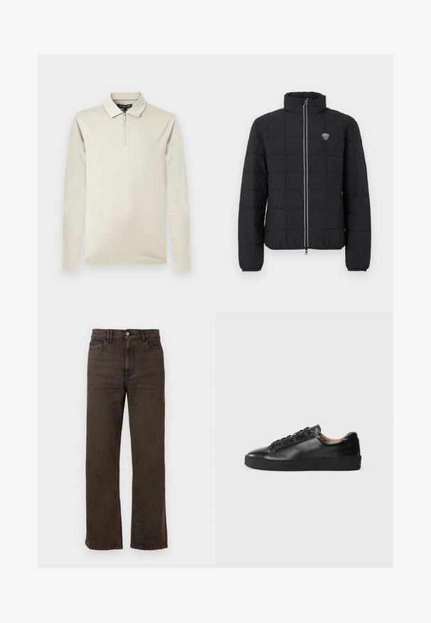 Veste matelassée noire avec col montant, fermeture à glissière frontale et poignets élastiques. Comprend un logo sur la poitrine gauche et un détail de fermeture éclair contrastant.; Polo à manches longues crème en tissu doux, dotée d'un col zippé et d'une texture lisse, avec une coupe ajustée et un design minimaliste.; Jean marron foncé droit avec poches avant, passants de ceinture et fermeture à boutons sur fond uni.; Baskets en cuir noir avec une texture lisse, bout rond et fermeture à lacets. Comprend une semelle en caoutchouc épaisse et un minimum de détails de marque.