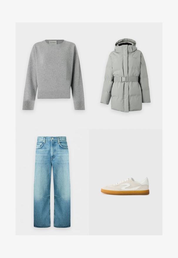 Lichtgrijze gewatteerde jas met een capuchon en een ceintuur in de taille, met een soepele textuur en minimale branding aan de bovenlinkerzijde.; CLOSED CREW NECK WIDE SLEEVE - Trui - light grey; Lichtblauwe rechte spijkerbroek met knoopsluiting en zakken aan de voorkant, licht vervaagd op dijen en knieën, getoond op witte achtergrond.; Beige suède sneakers met witte leren accenten, een gumrubberen zool en een ronde neus. Kenmerkt zich door een opvallend swoosh-ontwerp aan de zijkant.