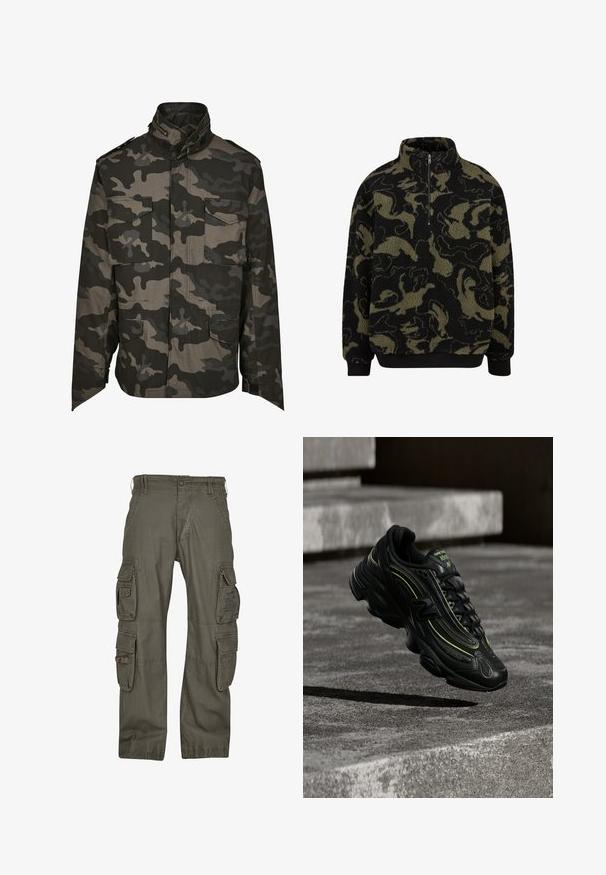 Kameeleonjakker tumerohelise ja halli tooni, kahe rinnatasku, kõrge krae ja lukuga. Valmistatud vastupidavast kangast.; Urban Classics PATTERN TROYER - Fliisdžemper - oliveswirl; Oliva rohelistest puuvillast tehtud cargo-püksid, millel on mitmed küljetaskud, lõdva istuvusega ja tugevdustega õmblused vastupidavuse tagamiseks.; Must New Balance tennise jalats neoonroheliste rõhutustega hõljumas hallide betoonastmete kohal hämaras valguses.