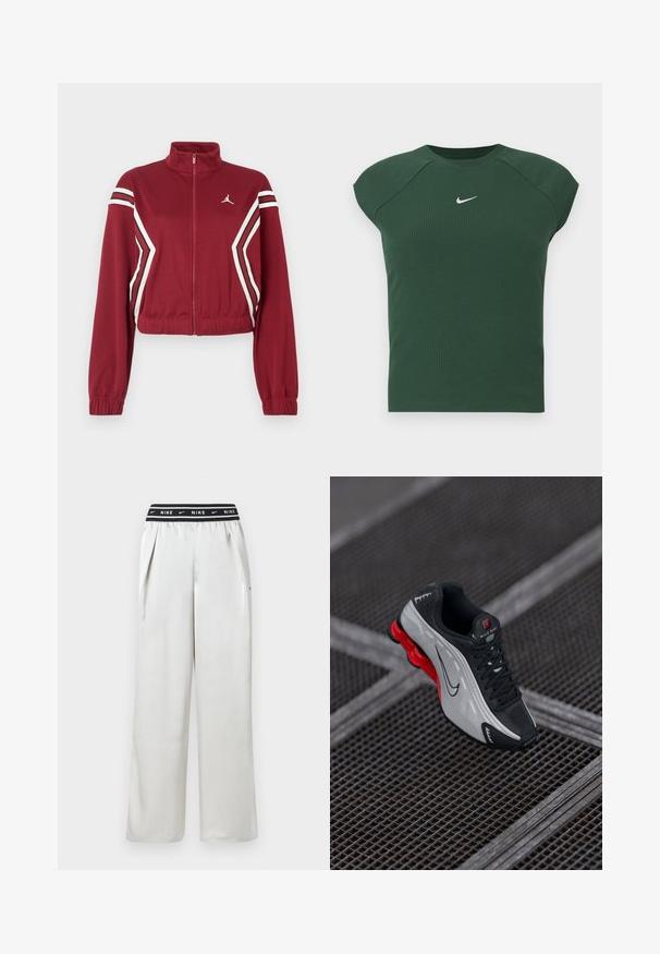 Bordeauxkleurige cropped jasje met volledige ritssluiting en hoge kraag, met witte en zwarte diagonale strepen aan de voorkant en mouwen, en een klein wit logo op de borst.; Donkergroen geribbelde sporttop met korte mouwen en ronde hals, voorzien van een klein wit Nike swoosh-logo op de borst.; Loszittende, lichtgrijze Nike-broek met een zwarte elastische tailleband met het merklogo. Plissé ontwerp en zijzakken. Soepele textuur.; Zwarte en grijze sportieve schoen met een rode dempende zool, zwarte veters en een swoosh-logo, rustend op een metalen rasteroppervlak.