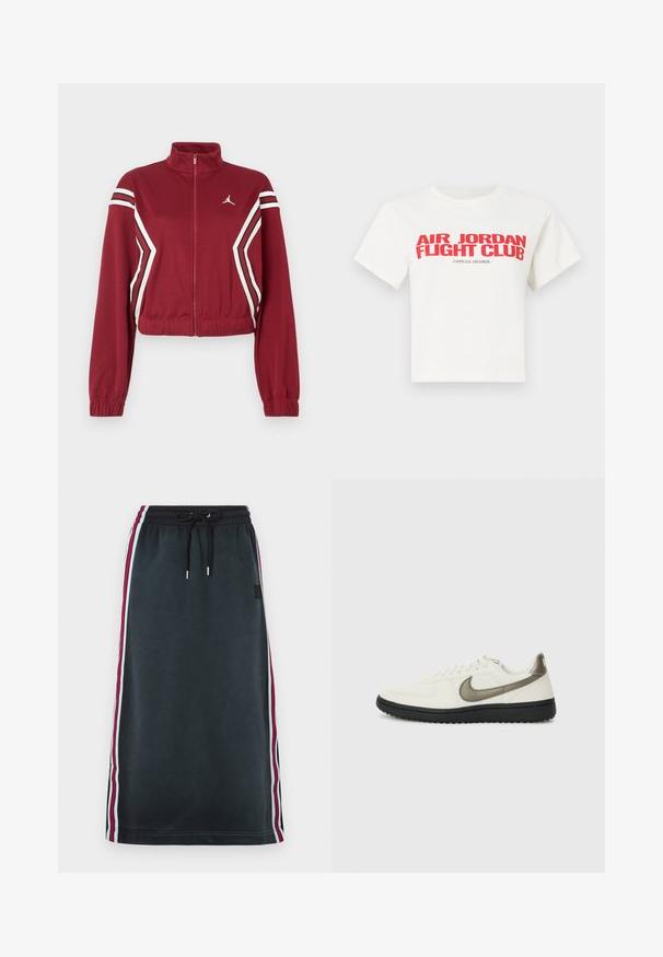Maroon täyskorkea vetoketjullinen cropped takki, jossa on korkea kaulus, valkoiset ja mustat viistot raidat edessä ja hihoissa, sekä pieni valkoinen logo rinnassa.; Valkoinen puuvillapaita, jossa on rohkeaa punaista tekstiä: "AIR JORDAN FIGHT CLUB" ja "OFFICIAL MEMBER". Lyhyet hihat ja klassinen pyöreä kaula-aukko.; Musta midi-hame, jossa on joustava vyötärö, musta naru ja sivuraidat vaaleansinisessä, punaisessa ja mustassa.; Nike Sportswear FIELD GENERAL - Matalavartiset tennarit - off-white/black