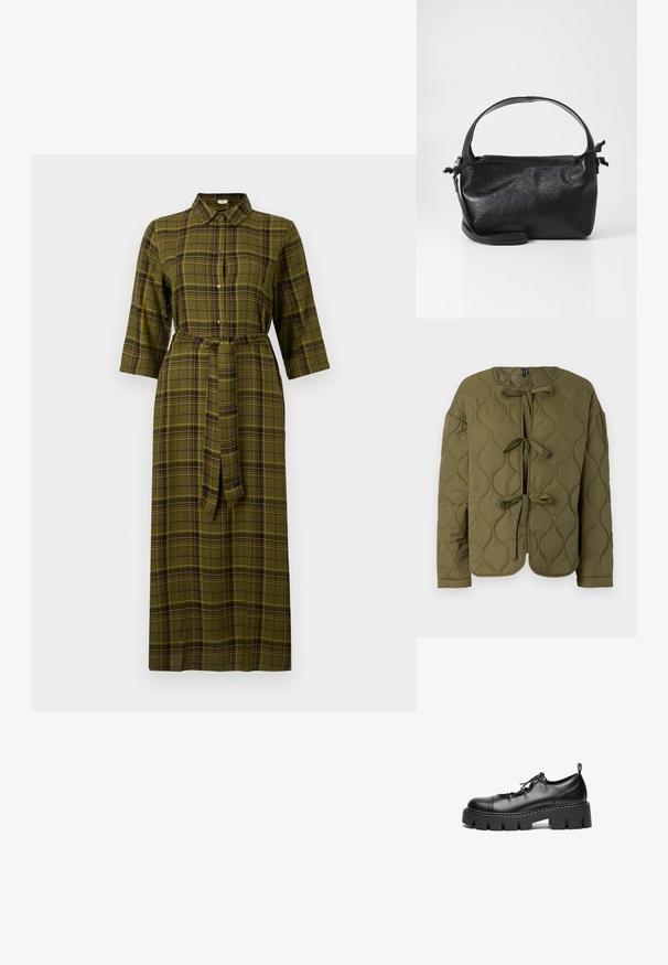Veste matelassée vert olive à manches longues avec trois attaches à l'avant, dotée d'un col arrondi et d'un motif de couture en forme de losange.; Robe midi à carreaux verts avec un col, des manches trois-quarts, une ceinture à nouer et des boutons sur le devant.; Chaussures en cuir noir à lacets avec un bout rond, semelle plateforme épaisse et couture décorative le long du bord.; Sac à main en cuir noir au design structuré, avec une poignée arrondie et une bandoulière amovible. Présente une texture lisse et un éclat subtil.