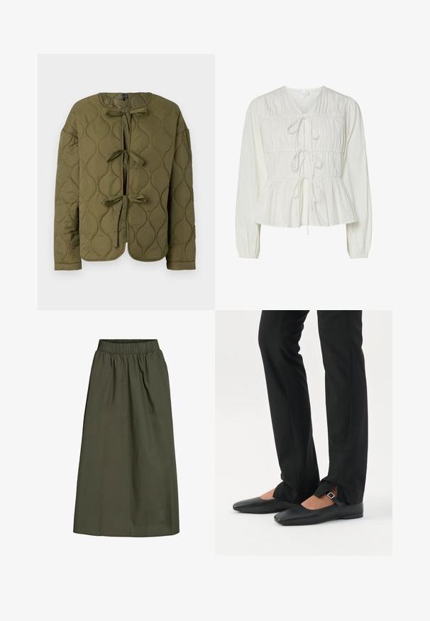 Veste matelassée vert olive à manches longues avec trois attaches à l'avant, dotée d'un col arrondi et d'un motif de couture en forme de losange.; Blouse blanche à manches longues avec trois attaches à l'avant, détails de tissu froncé, poignets élastiques et un ourlet de style peplum.; Jupe olive, longueur cheville avec taille élastique froncée et une texture de tissu lisse, légèrement froissée.; Jambes vêtues d’un pantalon slim noir avec des fentes à l’avant de l’ourlet, assorties à des chaussures plates Mary Jane noires avec une petite bride à boucle.