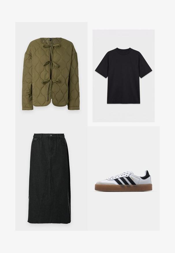 Veste matelassée vert olive à manches longues avec trois attaches à l'avant, dotée d'un col arrondi et d'un motif de couture en forme de losange.; T-shirt noir à manches courtes et col rond, présenté à plat sur un fond blanc, vue de face sans logos ni motifs visibles.; Jupe en denim noire avec une taille haute, coupe droite et coutures angulaires uniques. Présente des fentes latérales et une fermeture à bouton à la taille.; Baskets en cuir blanc avec des rayures noires, semelle extérieure en caoutchouc beige, bout rond, fermeture lacée et embout en suède gris doux.