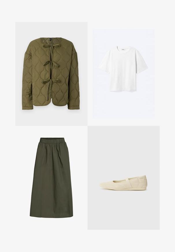 Olijfgroene doorgestikte jas met lange mouwen en drie voorgebonden sluitingen, met een ronde halslijn en een ruitvormig stikselpatroon.; Witte T-shirt met korte mouwen en een ronde hals met rechte zoom, met een "WEEKDAY" merklabel aan de binnenkant van de hals.; Olijfgroene, enkellange skirt met geplooide elastische tailleband en een gladde, licht kreukelige stofstructuur.; Beige ballerina's met een gladde leren buitenkant, amandelvormige punt en elastische band over de wreef, met subtiele stiksels.