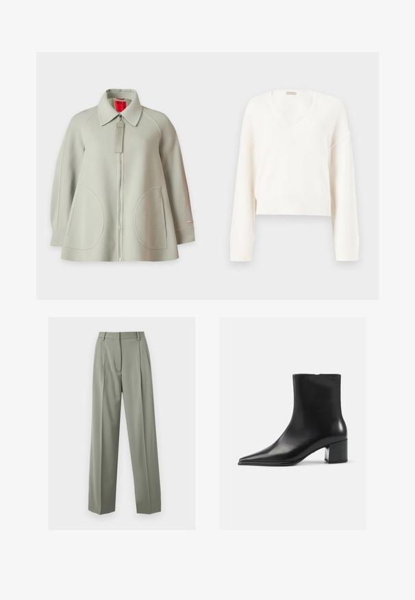 Lysegrå uldjakke med fuld lynlås foran, store runde forlommer, lange ærmer og krave, vist på ensfarvet baggrund.; Hvid strikket cropped sweater med lange ærmer og V-udskæring, vist på en neutral baggrund.; Bukser med høj talje og lige ben i lys olivengrøn med bæltestropper og frontplisseringer.; Sort læder ankelstøvle med spidse tæer, glat tekstur og mellemhøj blokhæl. Minimalistisk design, lynlås lukning bagpå.