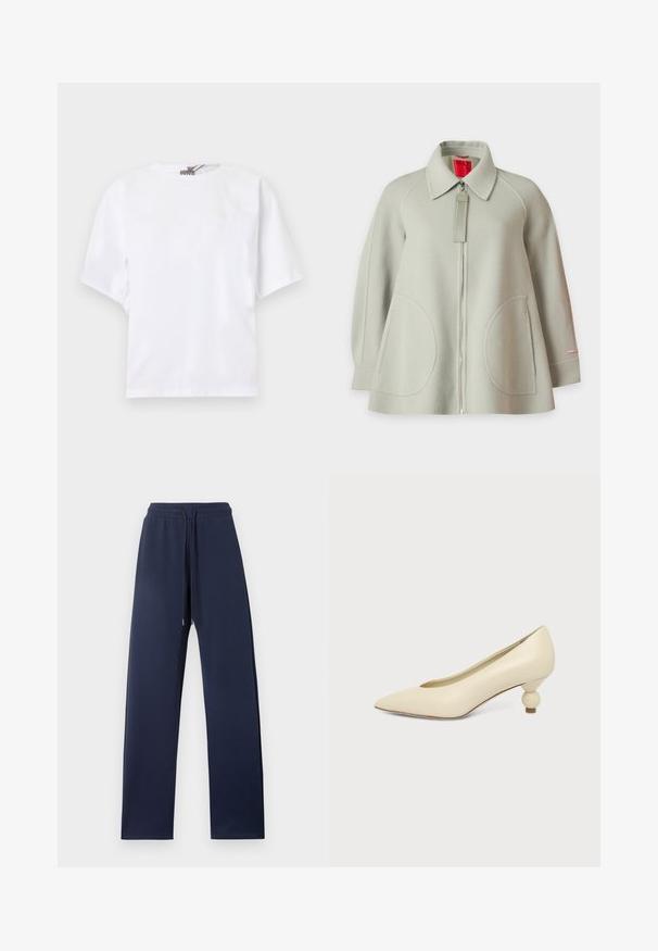 Veste en laine gris clair avec fermeture à glissière intégrale sur le devant, grandes poches arrondies à l'avant, manches longues et col, présentée sur fond uni.; T-shirt blanc à manches courtes, col rond, coupe décontractée avec un détail discret froncé sur les côtés, présenté sur un fond clair.; Pantalon décontracté bleu marine avec taille à cordon, jambes droites et tissu lisse, présenté sur un fond clair uni.; Chaussure femme couleur crème à bout pointu avec un petit talon rond en forme de boule, sur fond uni.