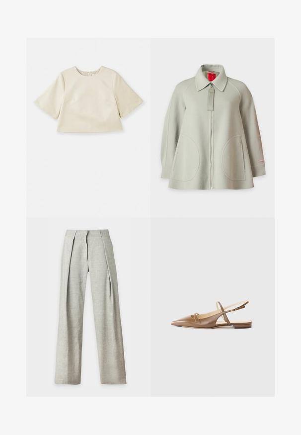 Lysegrå uldjakke med fuld lynlås foran, store runde forlommer, lange ærmer og krave, vist på ensfarvet baggrund.; Cremefarvet cropped top lavet af glat materiale, med korte ærmer, rund halsudskæring og subtile syninger.; Lysegrå hørbukser med høj talje og vide ben, med frontfolder og skjult lynlås, vist på hvid baggrund.; Brune lædersandaletter med spidse tæer, to smalle stropper og en lav hæl. Glat tekstur med en poleret finish.