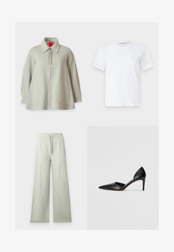 Lichtgrijze wollen jas met volledige voorrits, grote afgeronde voorzakken, lange mouwen en een kraag, getoond op een effen achtergrond.; Effen wit T-shirt met korte mouwen en ronde hals, plat gelegd op een lichte achtergrond, vooraanzicht met een klein zichtbaar merketiket in de kraag.; Lichtgrijze sweatpants met wijde pijpen, een elastische tailleband, trekkoord, zijzakken en een subtiel logo op het bovenbeen.; Zwarte leren hoge hakken met een spitse neus, open zijkanten en een slanke uitstraling. Beschikt over een dunne hak en een rode zoolaccent.