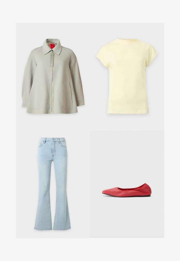 Veste en laine gris clair avec fermeture à glissière intégrale sur le devant, grandes poches arrondies à l'avant, manches longues et col, présentée sur fond uni.; T-shirt jaune clair à manches courtes avec un col rond, présenté sur un fond gris clair neutre.; Jean en denim bleu clair taille haute avec jambes évasées, fermeture par bouton et fermeture éclair, poches avant et arrière.; Filippa K REY FLATS - Ballerines - bright red
