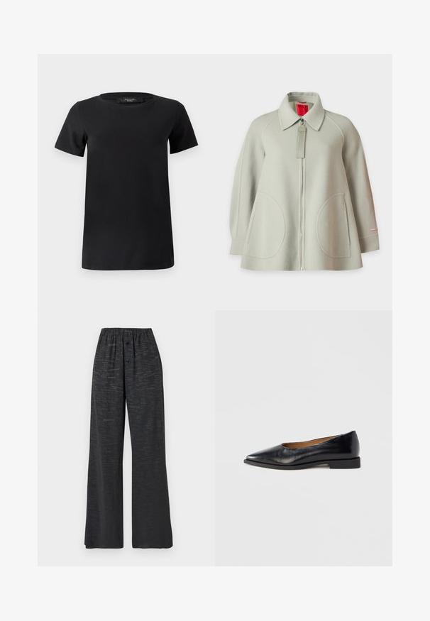 Veste en laine gris clair avec fermeture à glissière intégrale sur le devant, grandes poches arrondies à l'avant, manches longues et col, présentée sur fond uni.; T-shirt noir à manches courtes en tissu de coton doux, doté d'un col rond et d'un design simple et classique sans ornements.; Pantalon noir à jambes larges avec ceinture élastique, deux boutons à l'avant et un motif discret en texte imprimé sur l'ensemble.; Chaussure plate en cuir noir avec un bout pointu et un petit talon carré. Texture lisse, design minimaliste, sans éléments métalliques visibles ni motifs.
