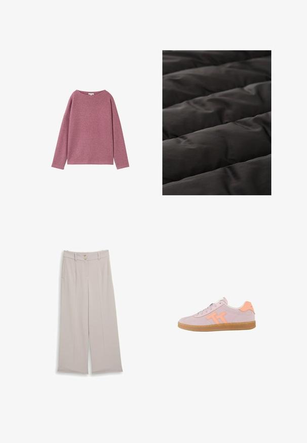 Zwart gewatteerd dekbed met een gladde textuur, met verhoogde delen en een licht glanzende afwerking, met uniform stikselpatroon.; Lange mouwen, loshangende trui van een zachte roze gebreide stof. Ronde halslijn en verlaagde schouders, met een gestructureerde afwerking.; Beige brede broekspijpen met ceintuurlussen, twee knopen aan de tailleband en zijzakken, plat gelegd op een witte achtergrond.; Lichtroze lage sneaker met perzikkleurig "TT"-logo, perzikkleurig hielstuk, lichtroze veters en een zool van bruine rubber, zijaanzicht op witte achtergrond.