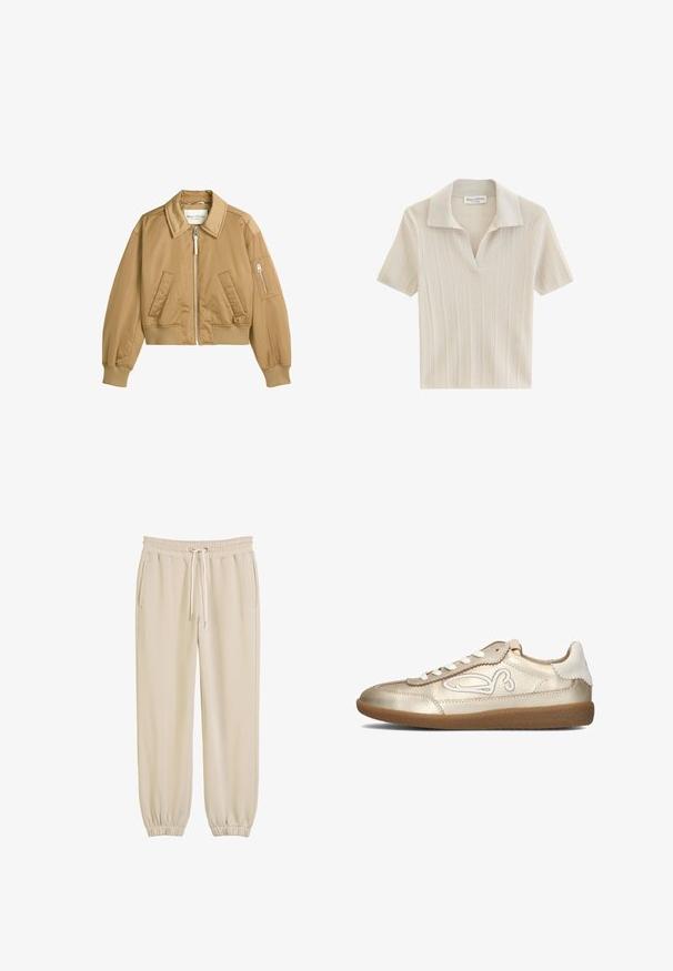 Lichtbruine cropped bomberjas met een ritssluiting aan de voorkant, twee schuine zakken, geribbelde manchetten en zoom, en een ritssluitingzak op de linker mouw.; Korte mouwen, beige geribbelde katoenen poloshirt met een opgevouwen kraag en een kleine V-halsopening.; Beige joggingbroek van zacht materiaal, met een elastische tailleband met trekkoord, zijzakken en elastische boorden bij de enkels.; Gouden leren sneaker met een ronde neus, witte accenten en een rubberen zool. Beschikt over een decoratief ontwerp langs de zijkant en veters.