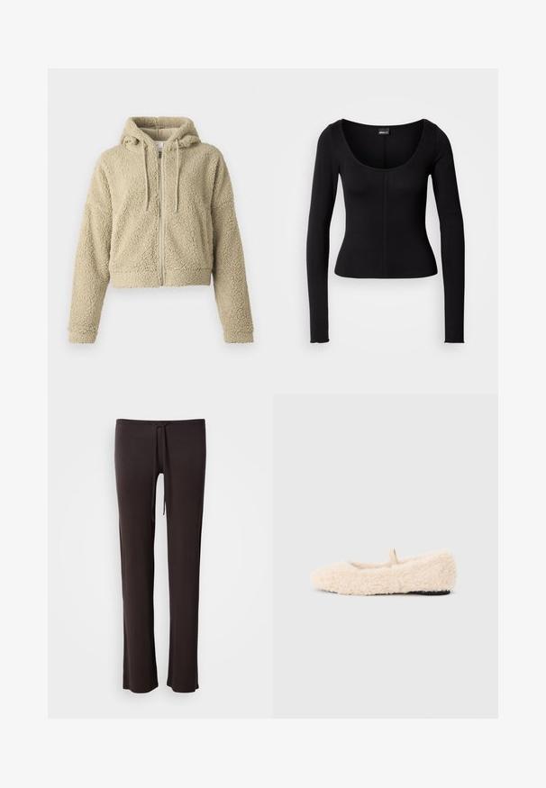 Afkortet beige hættejakke lavet af tekstureret, fuzzy stof. Har en frontlynlås, snorehoved og afslappede ærmer.; Sort langærmet top med rund halsudskæring, tætsiddende pasform og lodrette syninger i midten. Fremstillet af et glat stof.; Sorte, letvægtsbukser med lige snit, snøre i taljen og glat tekstur; designet til komfort og bevægelsesfrihed.; Luftig, cremefarvet hjemmesko med en blød tekstur, rund tå, minimalistisk design og en lille stofsløjfe på bagsiden for nem påtagning.
