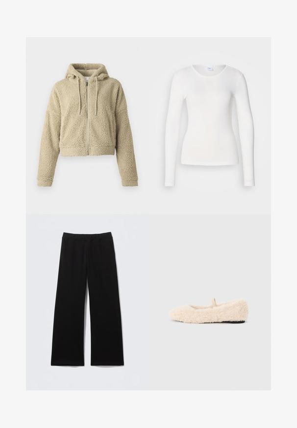 Geknipt beige hoodie gemaakt van gestructureerde, fuzzy stof. Heeft een rits aan de voorkant, een capuchon met trekkoorden en een relaxed-fit mouwen.; Witte lange mouwen shirt gemaakt van een zachte, gladde stof; heeft een ronde halslijn en een aansluitende vorm, zonder patronen of versieringen.; Zwarte broek gemaakt van zachte stof, met een wijde pijp, een elastische tailleband en steekzakken aan de zijkant. Geen zichtbare patronen of accenten.; Pluizig, crèmekleurig slipper met een zachte textuur, ronde neus, minimalistisch ontwerp en een klein stoffen lusje aan de achterkant voor gemakkelijk aan- en uittrekken.