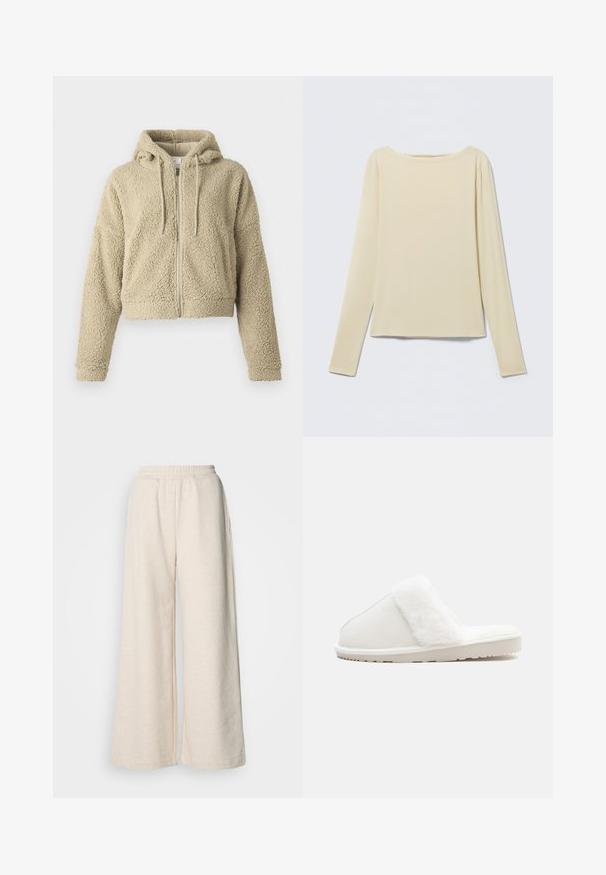 Beige, verkürzter Hoodie aus strukturiertem, flauschigem Stoff. Mit einem Reißverschluss vorne, einer Kapuze mit Kordelzug und entspannten Ärmeln.; Beige langärmeliges, figurbetontes Oberteil mit U-Boot-Ausschnitt, flach auf hellem Hintergrund liegend präsentiert.; Hochtaillierte, weit geschnittene Hose aus leicht beigem Stoff. Mit elastischem Bund und seitlichen Taschen. Weiche Textur mit einem lässigen Design.; Weißer Hausschuh mit einem weichen Kunstfellband, Filzoberteil, gepolsterter Sohle und einer strukturierten Gummisohle für rutschfesten Halt. Einfaches, rundes Design.