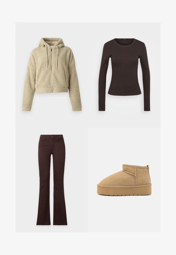 Beige, verkürzter Hoodie aus strukturiertem, flauschigem Stoff. Mit einem Reißverschluss vorne, einer Kapuze mit Kordelzug und entspannten Ärmeln.; Langärmliges braunes T-Shirt aus geripptem Stoff, mit Rundhalsausschnitt und tailliertem Schnitt.; Dunkelbraune Bootcut-Jeans mit Knopf- und Reißverschluss, Vorder- und Gesäßtaschen, flach auf weißem Hintergrund dargestellt.; Beige Wildleder-Stiefeletten mit runder Zehenform, minimaler Nähte und einer hellbraunen Gummisohle mit strukturiertem Muster.