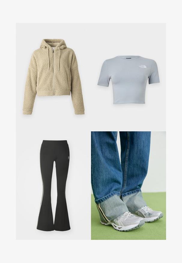 Afkortet beige hættejakke lavet af tekstureret, fuzzy stof. Har en frontlynlås, snorehoved og afslappede ærmer.; Lysegrå croppet T-shirt med korte ærmer, rund halsudskæring og hvidt "The North Face"-logo på venstre bryst.; Sorte flared leggings lavet af strækstof, med en høj talje og hvide sidestreger. Inkluderer lille logo ved taljen.; Grå atletiske sko med mesh-materiale og hvide accenter, parret med blå denimjeans, der er opkrøllet ved anklerne.