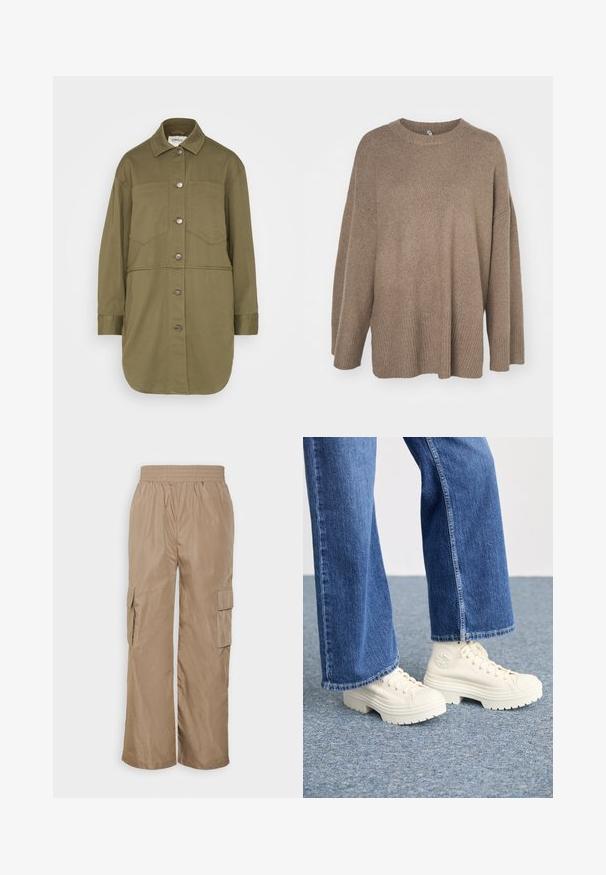 ONLY ONLDREW SHACKET - Spijkerjas - kalamata; Bruine oversized trui met een geribbelde onderkant, wijde mouwen en een ronde hals. Zachte textuur, minimalistisch ontwerp zonder patronen.; Even&Odd Cargobroek - beige; Witte hoge sneakers met dikke, geribbelde zolen en ronde logo-detail, gedragen met lichtblauwe, wijde denim jeans.