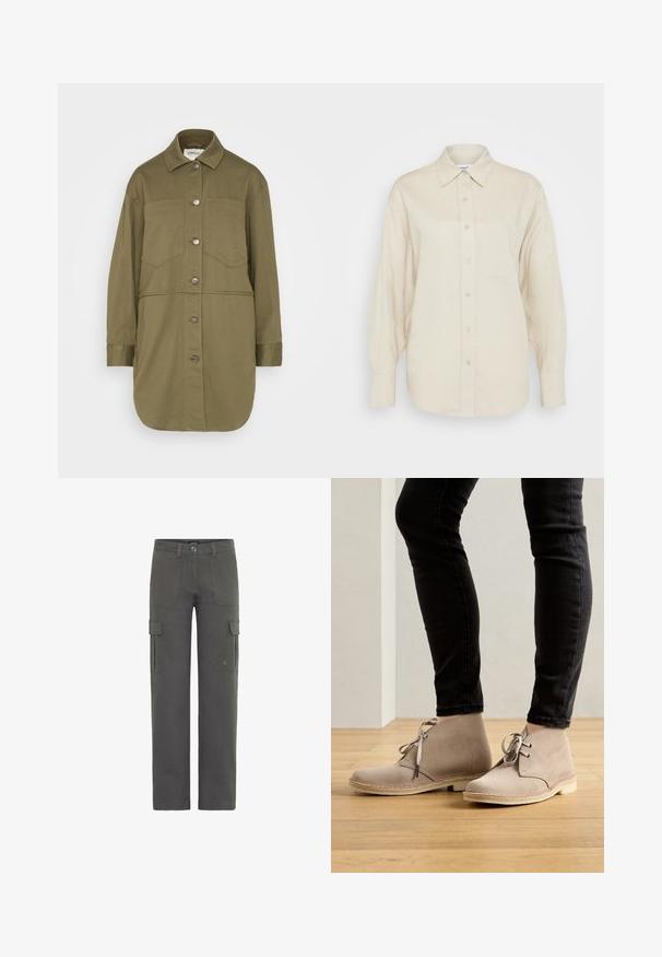 ONLY ONLDREW SHACKET - Veste en jean - kalamata; Chemise beige à boutons, fabriquée en tissu léger, avec des manches longues, une poche poitrine et un col classique.; Pantalons cargo en coton gris foncé avec une coupe droite. Dotés de deux poches latérales et d'une fermeture à bouton. Tissu durable avec une légère texture.; Bottines en daim beige à bout rond, avec un laçage et des coutures contrastantes, portées avec un pantalon noir ajusté sur un sol en bois.