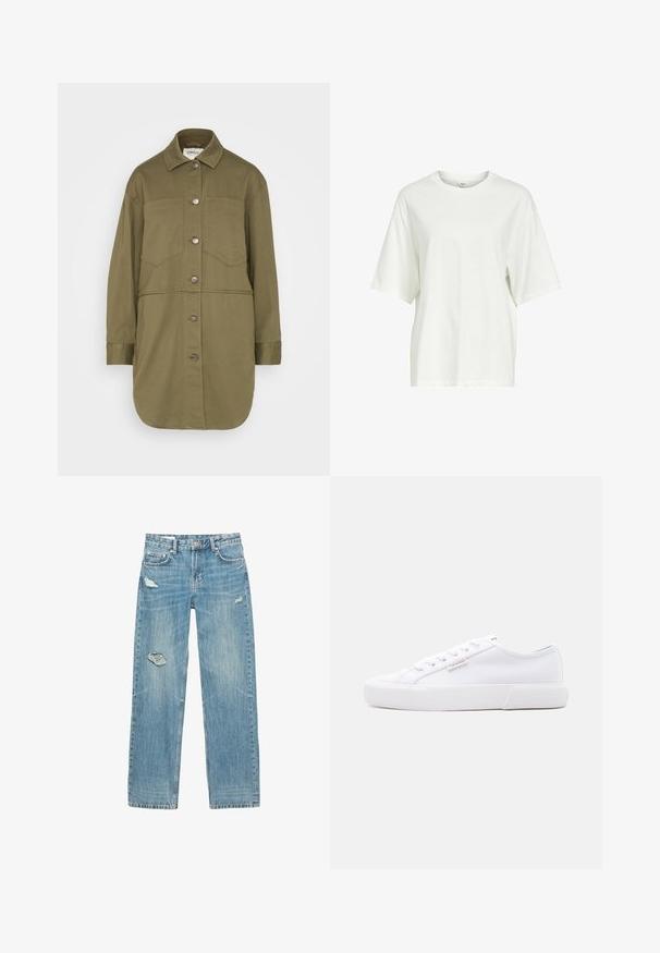 ONLY ONLDREW SHACKET - Jeansjacke - kalamata; Einfaches weißes, übergroßes T-Shirt mit kurzen Ärmeln, Rundhalsausschnitt und kleinem Etikett innen im Kragen.; Hellblaue, gerade geschnittene Jeans aus Denim. Besitzt ausgefranste Risse an der Vorderseite, einen verblassten Stoff und fünf Taschen mit Metallbeschlägen.; Weißer Sneaker mit niedrigem Schaft, Plateau-Sohle, Schnürung vorne und kleinem Calvin Klein Logo-Tag an der Seite.