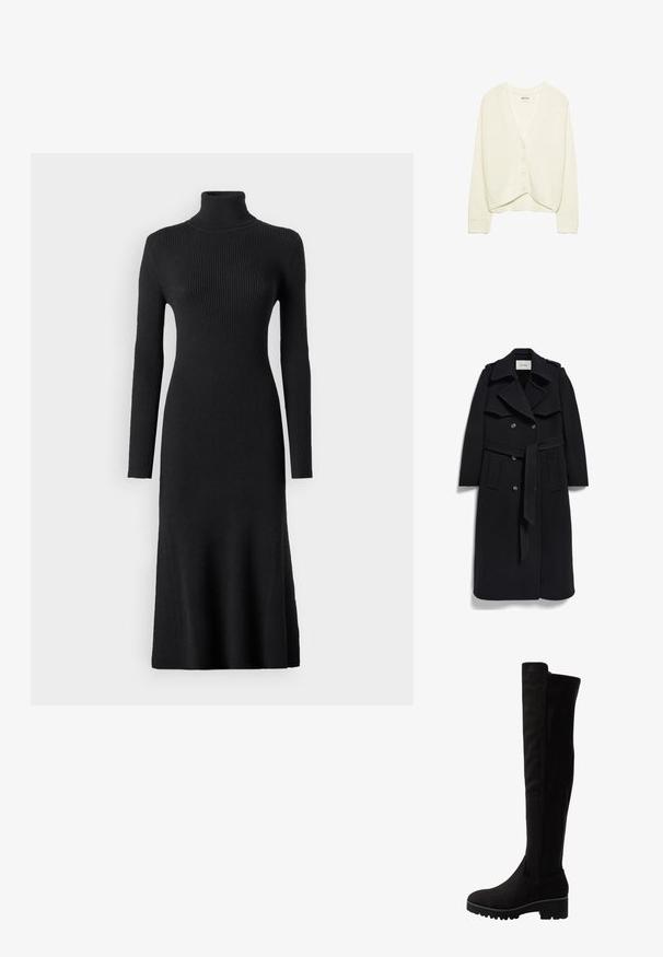 Schwarzer Wollmischung-Trenchcoat mit doppelreihiger Knopfleiste, großem Kragen, Seitentaschen und einem abnehmbaren Gürtel in der Taille.; Weißer kurzes Strick-Cardigan, gestrickte Textur, V-Ausschnitt, Frontverschluss mit fünf Knöpfen, gerippte Akzente an den Bündchen und dem Saum. Weicher Stoff, lässiges Design.; VILA Maxi Knitted - Strickkleid - black; Schwarze Overknee-Stiefel aus weichem Wildleder mit flacher Sohle, abgerundetem Zehenbereich und elastischen Seiteneinsätzen für ein einfaches An- und Ausziehen.