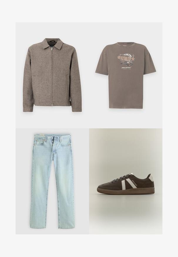 Veste marron à motif chevrons avec col, fermeture éclair complète à l'avant, deux poches latérales et tissu texturé.; T-shirt en coton marron avec un col rond et des manches courtes, présentant une impression graphique d'une voiture de course et un texte sur Las Vegas.; Jeans en denim bleu clair avec une coupe droite, cinq poches, braguette à boutons et décoloration subtile. Présente des détails de couture et des rivets en cuivre.; Basket en daim marron avec des bandes blanches, un renfort de talon blanc, une semelle gomme et le texte "JACK & JONES" sur le côté, présentée de profil sur un fond uni.