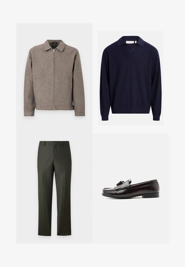 Braune Jacke mit Fischgrätmuster, Kragen, durchgehendem Reißverschluss vorne, zwei Seitentaschen und strukturierter Stoff.; Marineblauer, langärmeliger Strickpullover mit dezenten vertikalen Streifen, gerippten Bündchen und Saum sowie einem V-Ausschnitt mit Kragen.; Dunkelgrüne, maßgeschneiderte Hose mit glatter Textur, geradem Schnitt, Gürtelschlaufen und Bügelfalten. Keine sichtbaren Taschen oder Verzierungen.; Dunkelbrauner Leder-Tassel-Slipper mit niedrigem Absatz und gesteppten Details am Obermaterial, seitlich auf weißem Hintergrund dargestellt.