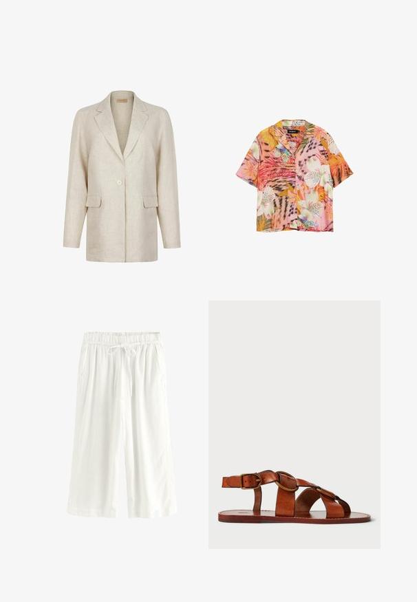 Beige enkeltknappet blazer med hakkede revers, lange ærmer og to frontlommer med klap, lavet af tekstureret stof.; Kortærmet skjorte med knapper, prydet med livlige tropiske blomster- og bladmønstre i toner af pink, orange, hvid og grøn.; Hvide vide cropped bukser med elastisk talje og bindebånd, med sidelommer og afslappet pasform.; Brune lædersandal med horisontale og cirkulære remdesign, flad sål og en metalspændeaccent, der viser en glat tekstur.