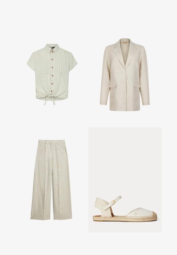 Beige enkeltknappet blazer med hakkede revers, lange ærmer og to frontlommer med klap, lavet af tekstureret stof.; Kortærmet bluse i lys beige med lodrette striber, krave, knaplukning foran, to brystlommer og en bunddetalje med bånd. Materialet ser struktureret ud.; Beige linnen brede bukser med plisseret front, der har høj talje og rene linjer, perfekt til åndbar komfort.; Hvid espadrillesandal med flettet hæl, ankrem med gyldent spænde og "RL"-logo på lærreds-tåhætten, flad jutesål.
