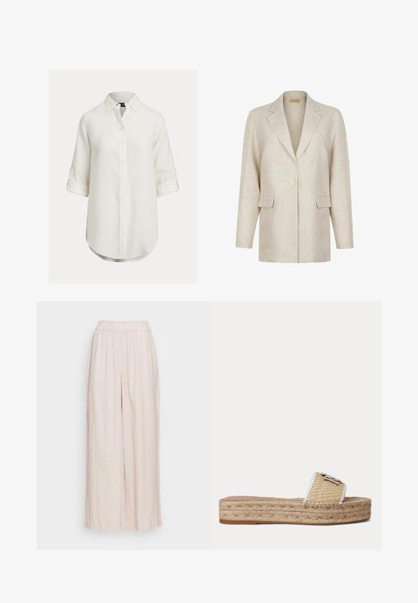 Beige enkeltknappet blazer med hakkede revers, lange ærmer og to frontlommer med klap, lavet af tekstureret stof.; Hvid hørskjorte med knaplukning, lange ærmer rullet op, buet kant og klassisk krave. Diskret tekstur, blødt stof.; Lys beige linned bukser med et bredt ben-design og elastisk talje. Blød texture med et subtilt, vævet mønster overalt.; Flad slidssandal med vævet jutebund og beige tekstureret rem med lille sølv dekorativt emblem.