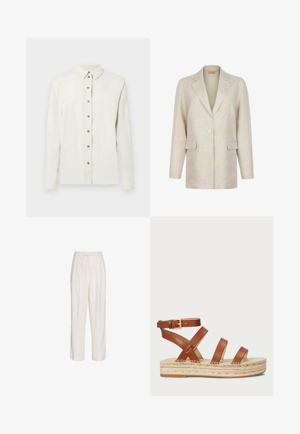 Beige enkeltknappet blazer med hakkede revers, lange ærmer og to frontlommer med klap, lavet af tekstureret stof.; Langærmet, lysebeige skjorte lavet af tekstureret stof med knaplukning foran med metalliske knapper og en klassisk krave.; Højtaljede hvide skræddersyede bukser med plisseringer, bæltestropper og lige ben, vist på en ensfarvet hvid baggrund.; Brune lædersandal med tre stropper og en ankels spænde, der har en flettet jute sål for ekstra tekstur og højde.
